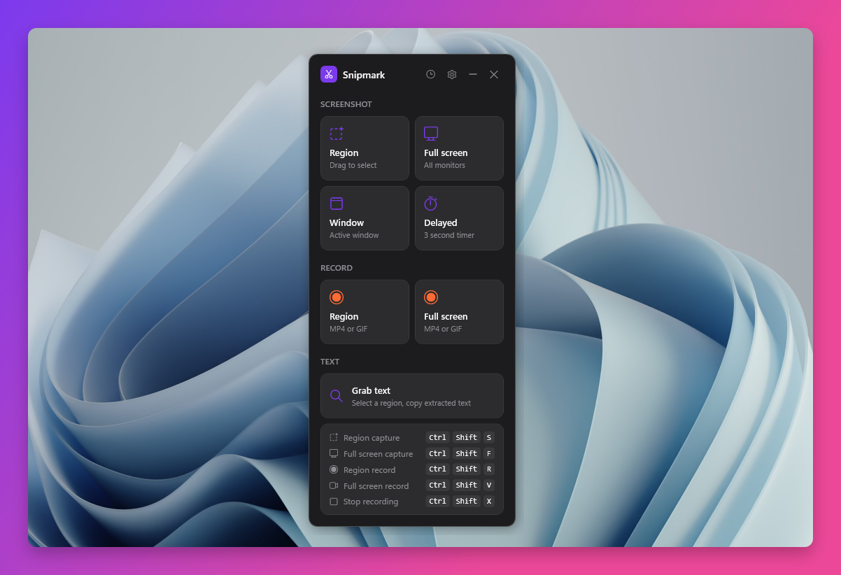 Snipmark main window on Windows 11 desktop