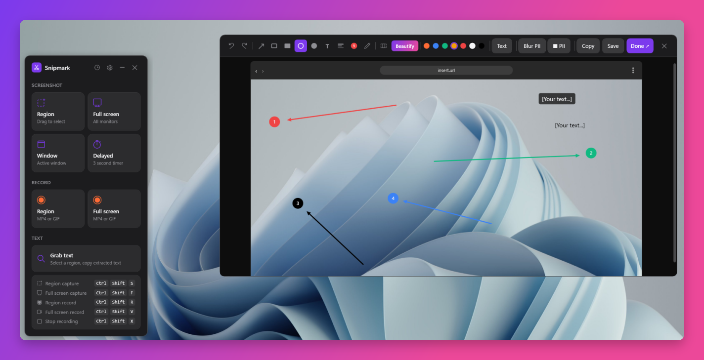 Snipmark annotation editor with colored arrows and step markers