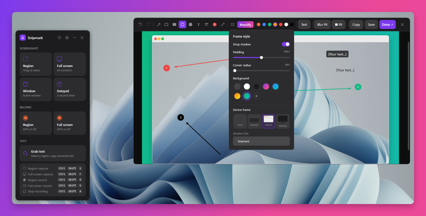 Snipmark Beautify panel showing frame styles, backgrounds and device frames