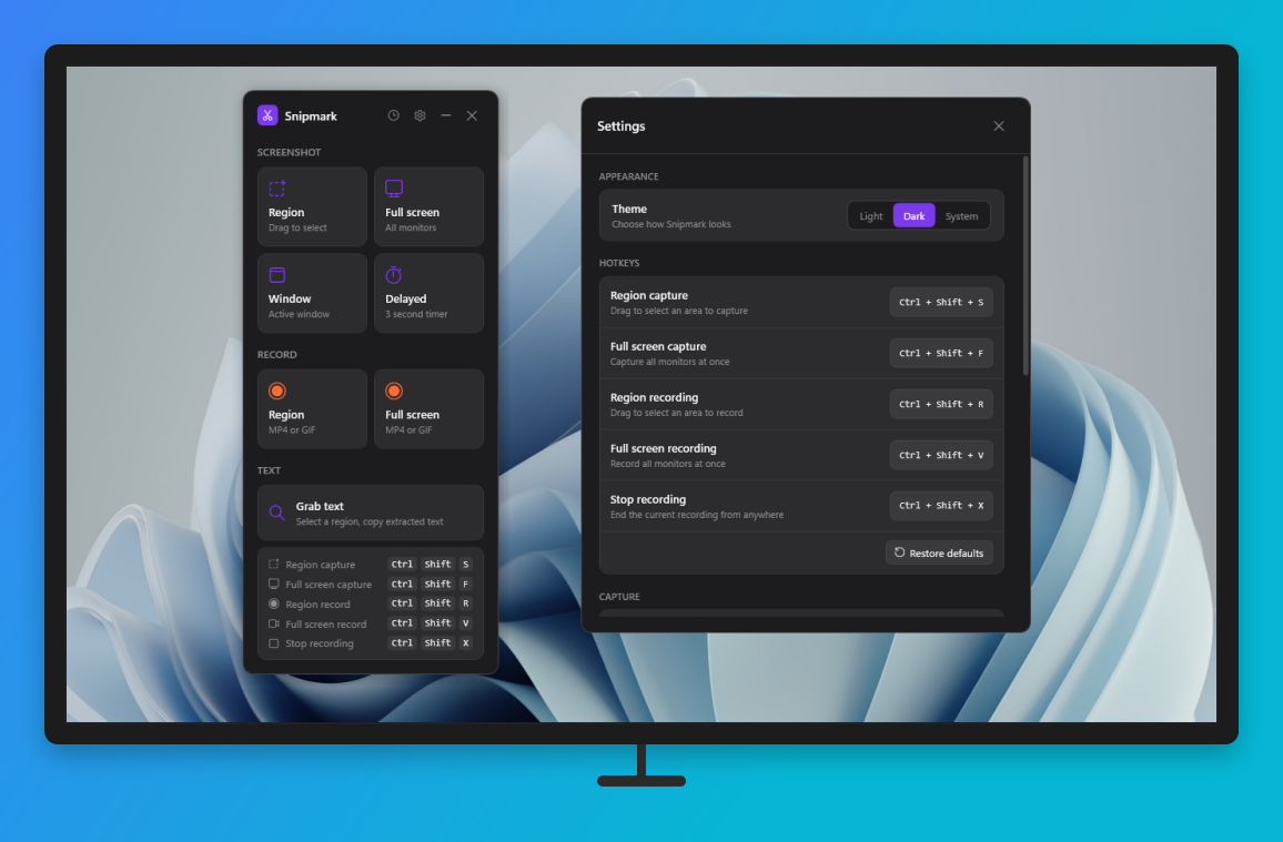 Snipmark dark mode with monitor device frame