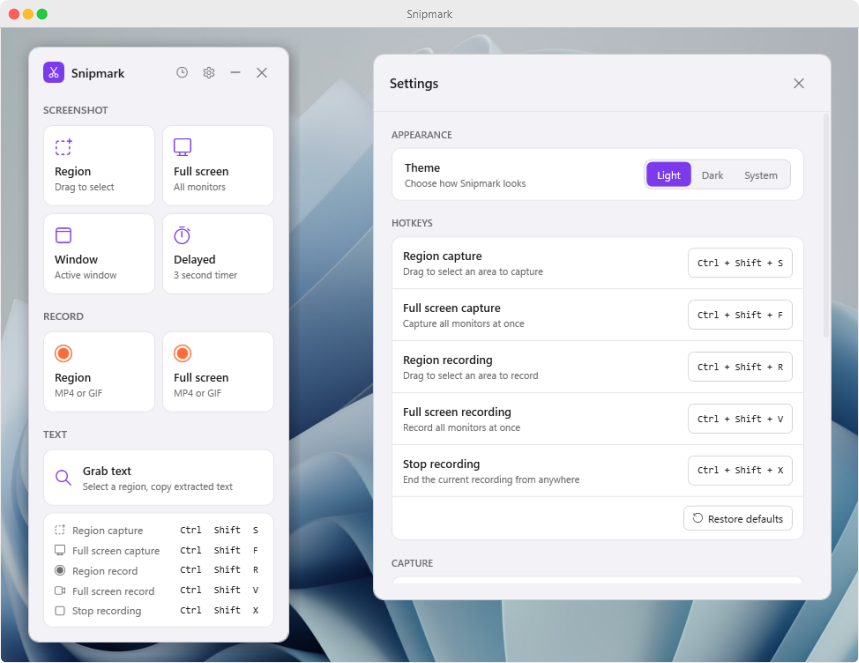 Snipmark light mode with macOS device frame